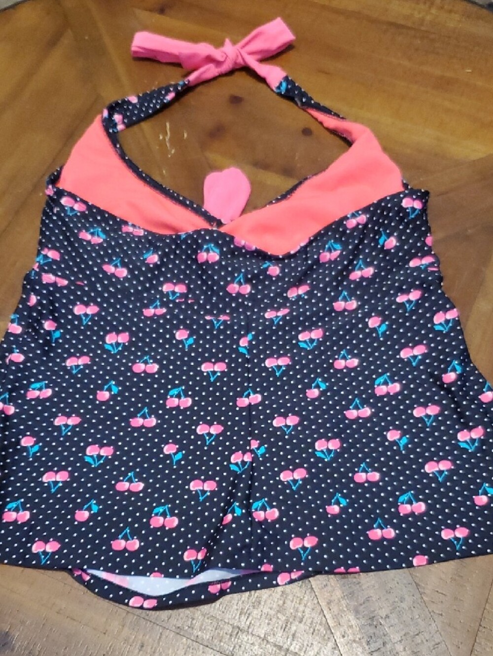 Joe Boxer Black Tankini Top with Pink Cherry Print and Pink Trim - Picture 3 of 3